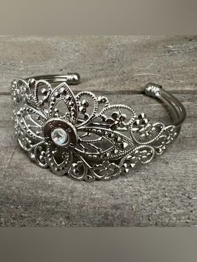 Silver Filigree Flower Cuff Bracelet with Bullet Crystal Accent